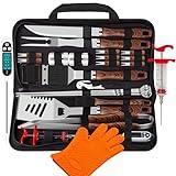 ROMANTICIST 26pcs Grilling Accessories Kit for Men Women, Stainless Steel Heavy Duty BBQ Tools with Glove and Corkscrew, Grill Utensils Set in Portable Canvas Bag for Outdoor,Camping,Backyard,Brown