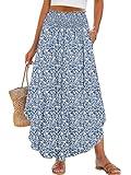 ANRABESS Women's Maxi Skirts Summer Boho Floral High Waisted Flowy Swing Pleated Beach Long Skirt with Pockets Blue Large