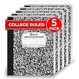 Rosmonde College Ruled Composition Notebooks 5 Pack, 200 Pages (100 Sheets), 9-3/4" x 7-1/2", White & Black Marble Composition Book, Hard Cover, Sturdy Sewn Binding, School, College & Office Supplies