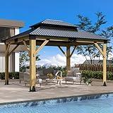 GARTOO 11’x13’ Outdoor Wooden Gazebo - Patio Cedar Wood Gazebo with Double Galvanized Steel Roof, Hardtop Wood Frame Gazebos for Garden, Lawn, Poolside, Backyard Deck
