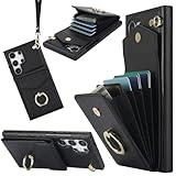 NINKI Compatible Samsung Galaxy S24 Ultra Case Wallet with 4 Card Slot, Hand Strap, Rotating Ring Holder, RFID Blocking, Shockproof, Black Leather Wallet Case for Galaxy S24 Ultra