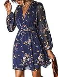 CUPSHE Women's Dress V Neck Floral Chiffon A-Line Casual Flowy Long Peasant Sleeves Elastic Casual Mini Spring Dress Navy, M