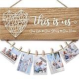 Christmas Gifts for Mom Women, Housewarming Gifts New Home Wall Decor Sign, This Is Us Family Picture Frame Wedding Gifts for Couples Farmhouse Rustic Wood Hanging Photo Holder, Gift for New Homeowner