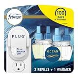 Febreze Plug in Air Freshener, Odor-Fighting Scented Oil Starter Kit, Air Fresheners for Home and Bathroom and Kitchen, Long Lasting for Strong Odors, Ocean Scent, Warmer + 2 Refill