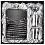 LHD HOME Hip Flasks for Men Leather Hip Flask Gift Set,Hip Flask 304 Stainless Steel Flask Set w/Funnel Shot Glasses Gift for Whiskey Rum Groomsman Best Man Usher Wedding-Leather Stripe Black-8oz