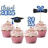 36 Pcs 2025 Graduation Theme Cupcake Toppers, Glitter 2025 Graduation Cap Diploma Cupcake Picks Food/Appetizer Picks for Graduate Theme Party Cake Decorations Supplies (Blue,Black)