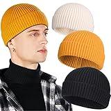 3 Pack Wool Fisherman Beanies for Men, Short Knit Watch Cap Cuffed Trawler Hats,I