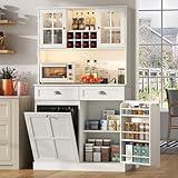 Kitchen Pantry Cabinet with Charging Station & LED Light, 68" Tall Storage Pantries with Tilt Out Trash Cabinet, Farmhouse Kitchen Cupboard with Drawers, Wine Rack, Glasses Holder, Microwave Stand
