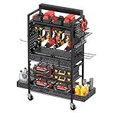 CCCEI Garage Power Tools Organizer Cart with Charging Station, Black Floor Standing Rolling Drill and Tools Battery Storage Cart on Wheels. Utility Rack Gift for Men, Husband, Father.