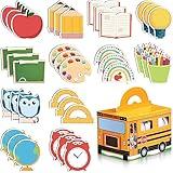 Fulmoon 37 Pcs Back to School Sticky Notes and School Bus Storage Box Set 36 Pcs Pencil Ruler Book Blackboard Owl Shaped Self Adhesive Writing Sticky Notes for Students Classroom Office Reminder