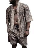 BEAUDRM Men's Plus Size Hawaiian Matching Set Paisley Print Short Sleeve Kimono and Drawstring Waist Shorts Sets Black 4X-Large