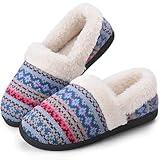 Homitem Women's Slippers Memory Foam Slip-On Knit Cozy Fuzzy House Shoes Wool-Like Plush Fleece Lined Warm Indoor Outdoor Use Anti-Skid Rubber Sole(Size 7-8,Baby Blue