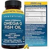Viva Naturals Omega 3 Fish Oil Supplement for Women and Men - 2500 mg Triple Strength Fish Oil with Omega 3 Fatty Acids Including EPA, DHA DPA - 180 Pescatarian-Friendly Softgels