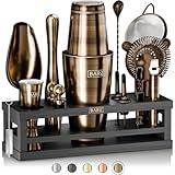 BARE BARREL® Mixology Bartender Kit Bar Set | 16-Piece Cocktail Shaker Set | Martini Barware Mixing Tools for Home Bartending | Incl. 35 Recipe Cards | Gift Set (28oz Boston Shaker, Brass/Black)