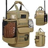 SunForMorning Baseball Bucket Bag Baseball Coaching Accessories Organizer Tactical Style Softball Bucket Bag with Anti-Slip Bottom, Multiple Pockets for Bat, Gloves, Scoreboards, Brown