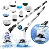 Electric Spin Scrubber, Cordless Cleaning Brush with 8 Replaceable Brush Heads, Shower Cleaning Brush, Power Scrubber with 3 Adjustable Speeds,Adjustable & Detachable Long Handle,Voice Prompt