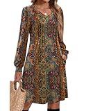 Zeagoo Fall A Line Dress for Women Long Sleeve Casual Printed Dresses 2025 V Neck Tunic Boho Dress,Chic Printed M