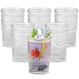ZMOWIPDL Vintage Glassware Drinking Glasses Set of 6,13 oz Clear Textured Flower Design Glass Water Tumblers，Embossed Striped Drinkware for Water,Cocktails,Juice,Iced Coffee