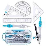 Math Geometry Kit Set 10 Pieces with Shatterproof Storage Box, Student Supplies Drawing Compass Includes Protractor, Rulers, Compass, Pencil Sharpener, Lead Refills, Pencil, Eraser(Blue)