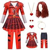 RuuYiicoco 7 Pcs Rise Princess Costume for Girls - Red Party Dress Outfit Set With Wig (6-7 Years)