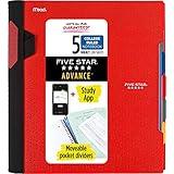 Five Star Spiral Notebook + Study App, 5 Subject, College Ruled Paper, Advance Notebook with Spiral Guard, Movable Tabbed Dividers and Expanding Pockets, 8-1/2" x 11", 200 Sheets, Red (73146)