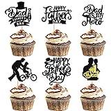 Rsstarxi 24 Pack Happy Father's Day Cupcake Toppers Glitter Dad is My Hero Cupcake Picks Best Dad Love Dad Cake decorations for Happy Father's Day Dad Birthday Party Supplies Black