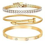 A D. ALLEN & DANMI. A D. 18 K Gold Plated Love Bangle Bracelet Set Stackable Cubic Zirconia Chain Bracelet Stainless Steel Chain Gold Bangle Bracelets for Women (3 Sets(Tennis,Bangle))