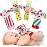 SSK Soft Baby Wrist Rattle Foot Finder Socks Set,Cotton and Plush Stuffed Infant Toys,Birthday Holiday Birth Present for Newborn Boy Girl 0/3/4/6/7/8/9/12/18 Months Kids Toddler,4 Cute Animals