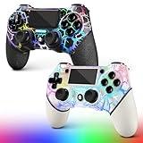 AceGamer 2 Pack for PS4 Controller Wireless, RGB Light and Turbo Function, White and Black Crack Custom Design V2 Gamepad Joystick for PS4, Compatible with PS4, Slim, Pro and PC