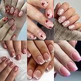 6 Packs (144 Pcs) Square Press on Nails, French Tip Press on Nails Short, Valentine's Day Press on Nails, Heart False Nails, Glue on Nails, Medium Fake Nails for Women 12 Sizes-6 Styles