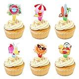 24 Pcs Summer Cupcake Toppers, Beach Cupcake Toppers, Hawaiian Theme Cake Picks, with Drinks Garlands Ducks Sun Parasols Beach for Birthday Tropical Shower Party Decoration Supplies