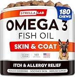 STRELLALAB Omega 3 for Dogs - (180Ct) Fish Oil Treats - Allergy & Itch Relief Skin & Coat Supplement - Dry Itchy Skin, Anti Shedding & Hot Spots Treatment - Pet Salmon Oil Chews - Salmon Flavor