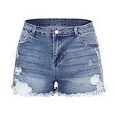 THUNDER STAR Women Mid Rise Ripped Stretchy Jeans Shorts Frayed Raw Hem Casual Denim Shorts Light Blue S