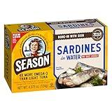 Season Sardines in Water - No Salt Added, Wild Caught, 22g of Protein, Keto Snacks, More Omega 3's Than Tuna, Kosher, High in Calcium, Canned Sardines - 4.37 Oz Tins, 12-Pack