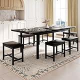 Feonase 7-Piece Dining Table Set with 6 Stools, 63" Large Extendable Kitchen Table Set for 4-8, Mid-Century Dining Room Table with Heavy-Duty Frame, Easy Assembly, Black