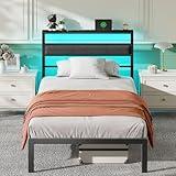 OURPIC Twin Bed Frames for Kids, Metal Platform Bed Frame Twin Size with Upholstered Headboard, Wood Storage Shelf, Charging Station and LED Lights, No Box Spring Needed, Black Camas