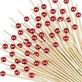 Cocktail Toothpicks - 100 Counts Decorative Cocktail Picks for Appetizers, 4.7 inch Long Bamboo Skewers Fancy Wooden Sticks for Food and Drinks, Charcuterie Accessories Party Decorations (Red)