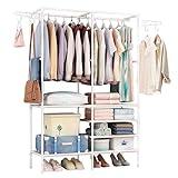 TeqHome Garment Rack, 66" Freestanding Clothes Rack,Metal Clothing Racks with 4 Hooks & 2 Hanging Rods,Shoe Clothing Organizer Shelves Freestanding Multifunctional Clothes Closet Wardrobe System,White