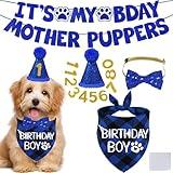 STMK Dog Birthday Decorations, Multi Sizes Dog Birthday Hat Dog Birthday Bandana Boy Bow Tie Birthday Numbers It’s My Bday Mother Puppers Banner for Small Medium Dogs Pets (Blue, Small)