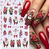 Christmas Nail Stickers Red Flower Nail Decals 5PCS 3D Self-Adhesive Snowman Candy Cane Elk Tree Flower Design Nail Art Supplies Winter Xmas Nail Sticker Nail Art for Women Girls DIY Decorations Decor