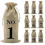 Shintop 10pcs Jute Wine Bags, 14 x 6 1/4 inches Hessian Numbered Wine Bottle Gift Bags with Drawstring for Blind Wine Tasting (Brown)