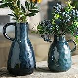 Tanvecle Ceramic Vase Set of 2, Blue Glazed Small Pottery Vases with Handles, Decorative Clay Vase Modern Farmhouse Decor, Centerpiece Dining Table Decorations Porcelain