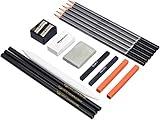 Amazon Basics Sketching and Drawing Art Pencil Kit, Artist Supplies with Pencils, Erasers, Sharpener, Charcoal, Black, White, 17 Piece Set