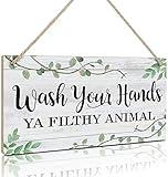 LHIUEM Wash Your Hands Ya Filthy Animal Sign,Funny Bathroom Wooden Hanging Wall Art, Green Plant Wood Plaques For Kitchen Toilet Home Decor(6''x 11'')