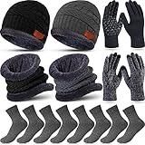 10 Pieces Winter Hat Beanie Scarf Touch Screen Gloves and Sock Set Slouchy Knit Skull Cap Beanies Fleece Lining Neck Warmer (Black, Gray)