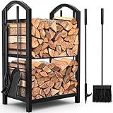 AMAGABELI GARDEN & HOME Firewood Rack with Tools 5-Piece Indoor Fireplace Wood Holders Outdoor Log Holder Rack Lumber Storage Stacking Stove Wrought Iron Large Logs Fireplace Tools Set Black