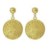 Across The Puddle, Historical Jewelry Collection, 24k Gold Plated Pre-Columbian Aztec Solar Calendar 1.6" Dangle Earrings