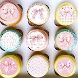 Fyeoxle 36PCS Edible Bow Cupcake Toppers Wafer Paper Bowknot Cake Decoration She is Trying the Knot Cupcake Toppers Edible Coquette Bows for Bow Theme Birthday Party Decoration Supplies (Pink Round)