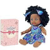 Nice2you Black Baby Doll for Girl, 10 inch African American Black Doll with Dress, Reborn Realistic Baby Doll for Kids Aged 1 2 3 4 5, Small Silicone Black Doll Toy with Curly Hair for Birthday