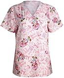 COCO BRANDS Strawberry Shortcake Women's All Over Print, V-Neck Scrub Top with Pockets - Comfortable Work Uniform, Size Medium, Pink Strawberry Shortcake Cats & Bows